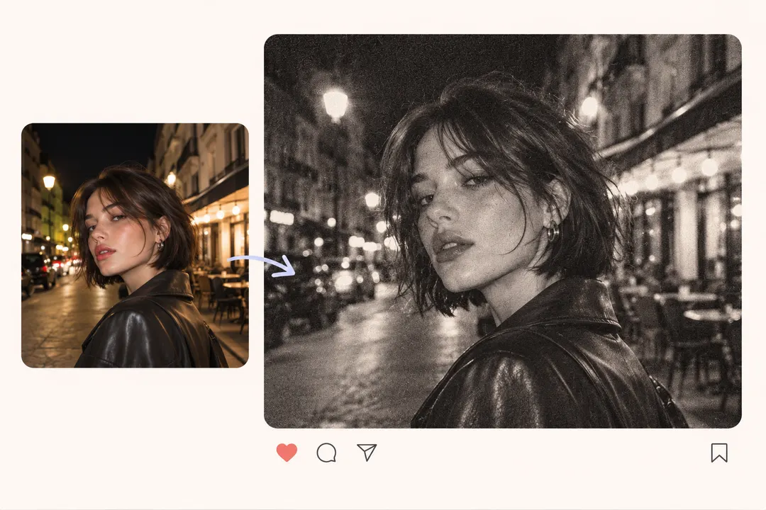 Night street portrait illustration comparing color photography with a grainy black-and-white social post