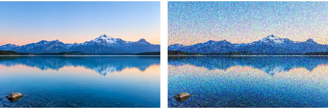 Mountain lake at dawn before and after color noise