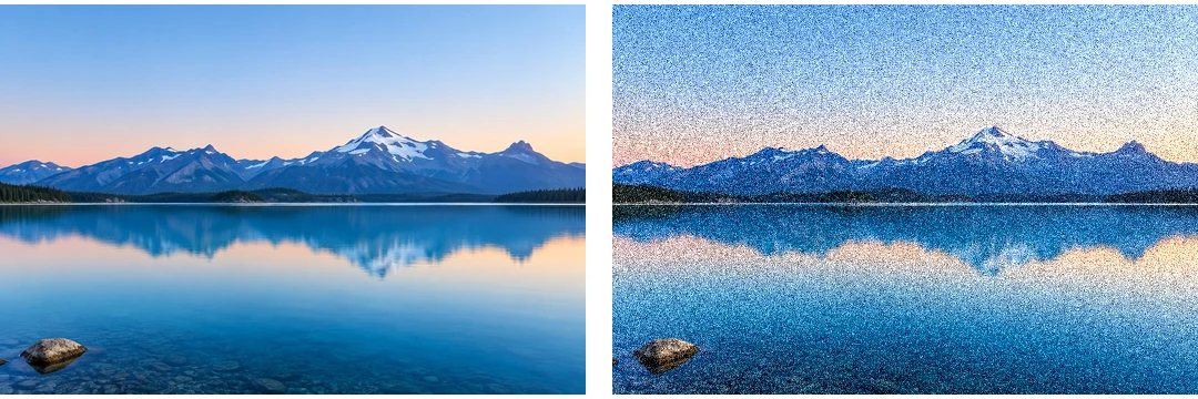 Mountain lake at dawn before and after Gaussian noise