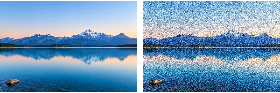 Mountain lake at dawn before and after monochrome noise