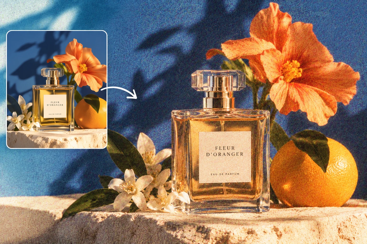 Perfume product mockup with orange flowers and a blue background, comparing a clean inset with an illustrated textured finish