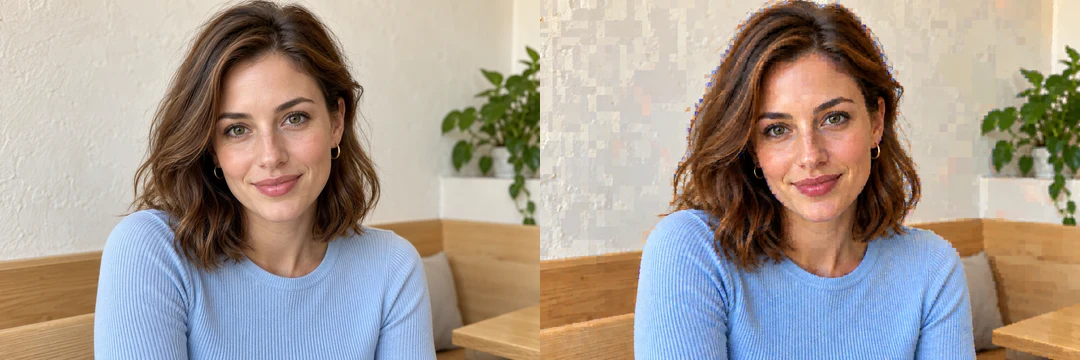 Original café portrait beside the JPEG Crushed preset example
