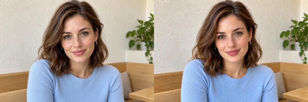Original café portrait beside the Low Quality preset example