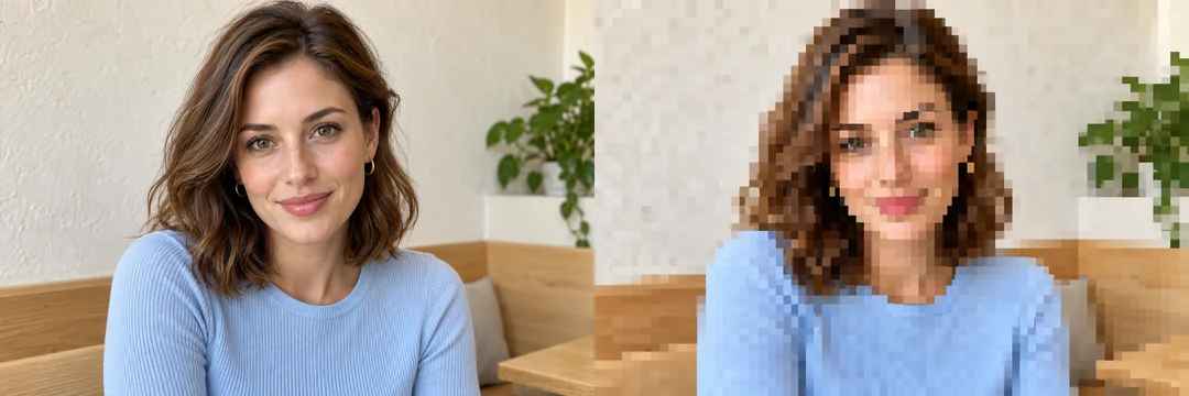 Original café portrait beside the Pixelated preset example