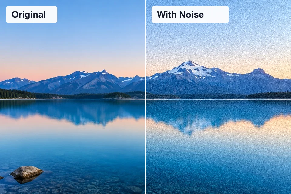 Original photo on the left; with noise effect on the right.