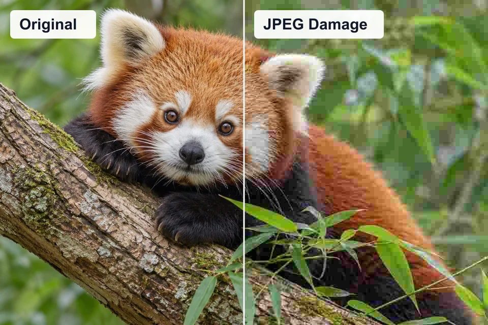 Original photo on the left; jpeg damage effect on the right.