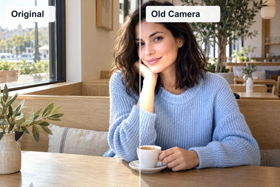 Original photo on the left; old camera effect on the right.