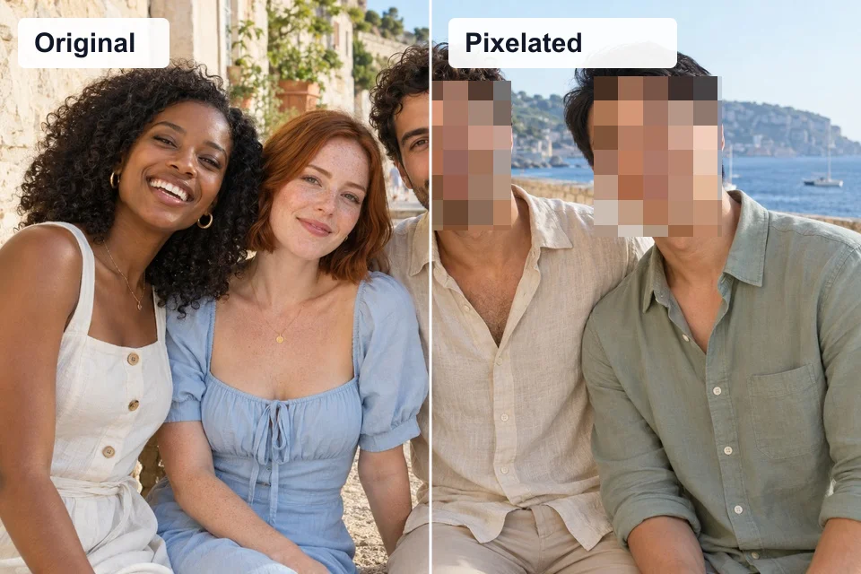 Original photo on the left; pixelated effect on the right.