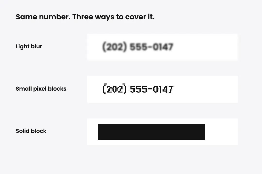 Same fictional phone number covered with light blur, small pixel blocks, and a solid black bar