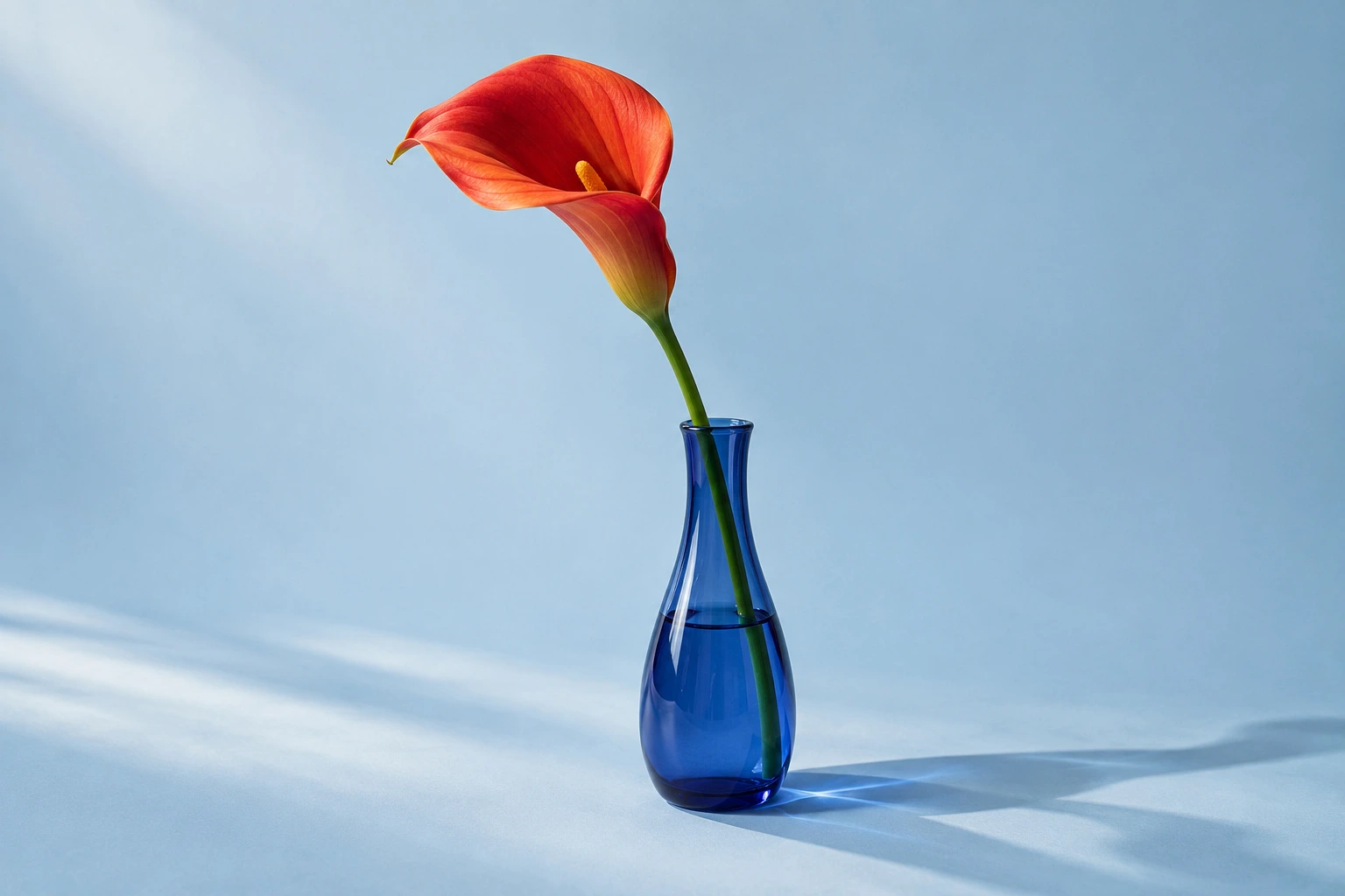Original red calla lily in a cobalt-blue vase