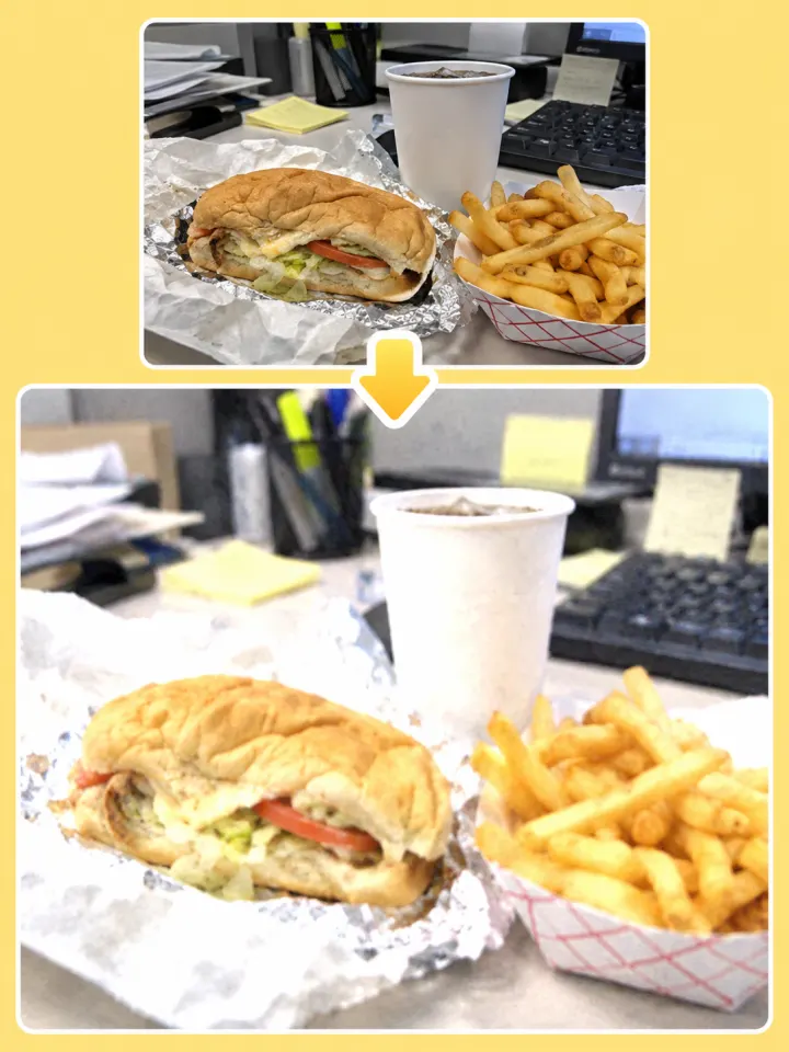 A desk lunch with a washed-out, overexposed look.