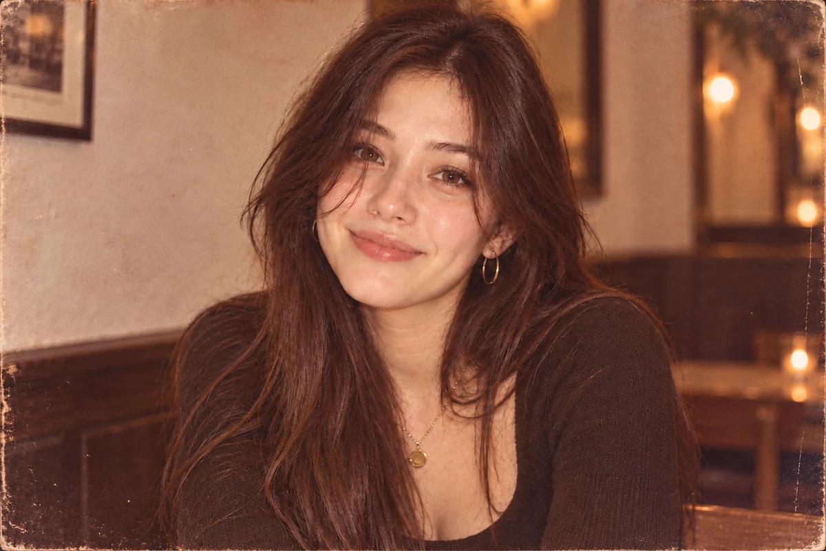 Restaurant portrait with faded rose-brown tones and illustrated worn edges