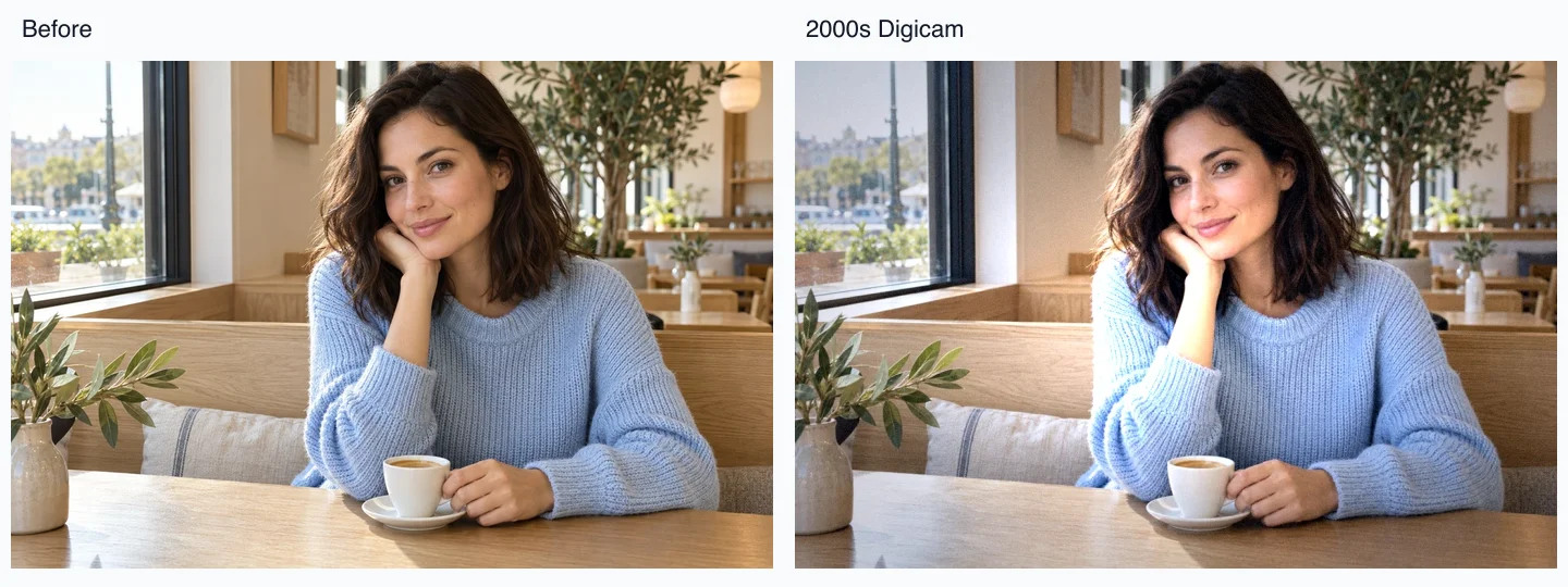 Cafe portrait before and after a cool, grainy camera treatment