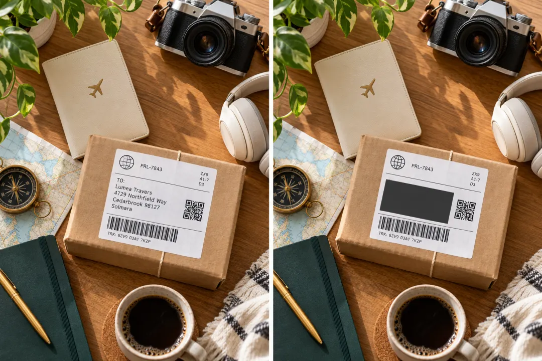 Travel desk and parcel before and after covering the address area with a solid block.